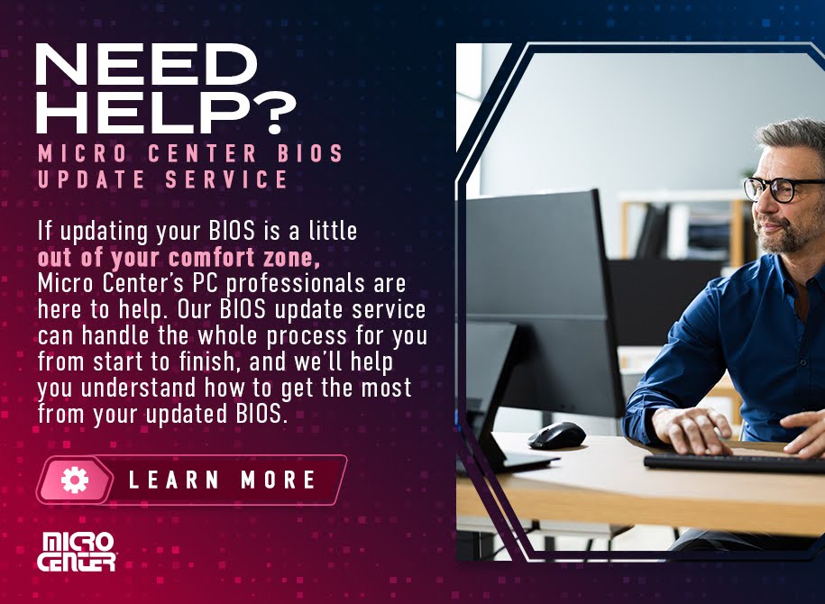 Micro Center graphic offering BIOS update service, featuring a man at a computer and text detailing the service benefits